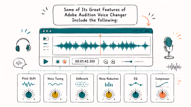 Hand-drawn illustration of Some of Its Great Features of Adobe Audition Voice Changer Include the following: