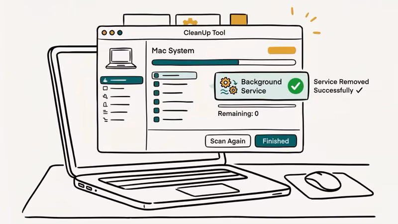 Mac system running AdobeCleanUpUtility to remove Adobe Genuine Service with confirmation checkmark