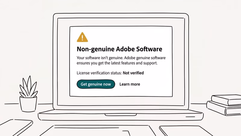 Adobe software not genuine warning popup on computer screen showing license verification status