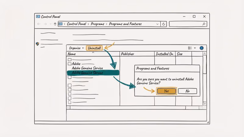 Windows Control Panel showing Adobe Genuine Service program being uninstalled with steps highlighted