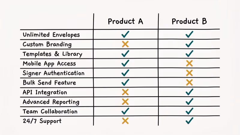 Side-by-side feature comparison of Adobe Acrobat Sign and DocuSign with checkmarks and differences highlighted