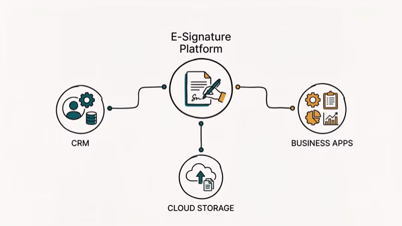 E-signature platform integration network showing connections to CRM cloud storage and business apps