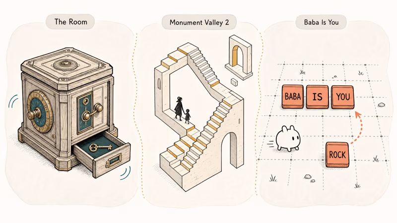 Three puzzle styles shown as mechanical box impossible staircase and rule rewriting word blocks