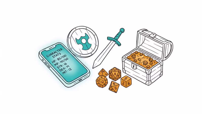 Fantasy RPG scene with sword shield and mobile phone showing character stats