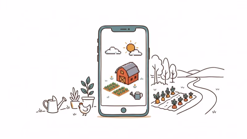 Cozy farming scene with phone showing crop fields barn and watering can