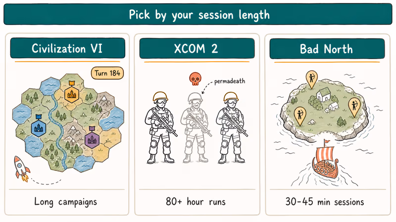 Hand drawn comparison cards for Civilization Six, XCOM Two and Bad North on Android