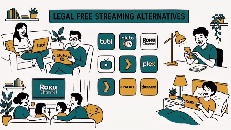 Legal free streaming service icons arranged as safe alternatives to piracy sites for watching movies