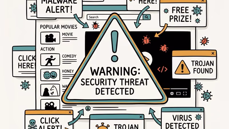 Warning signs surrounding a piracy streaming site with malware pop-ups and security threat indicators