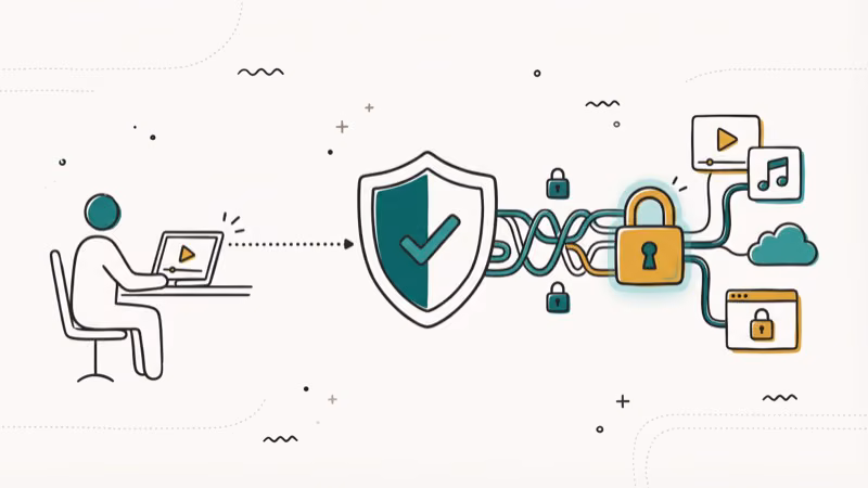 VPN shield protecting a streaming user with encrypted connection lines and a privacy lock symbol