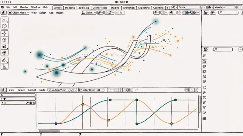 Blender 3D interface showing motion graphics animation sequence with particle effects and graph editor