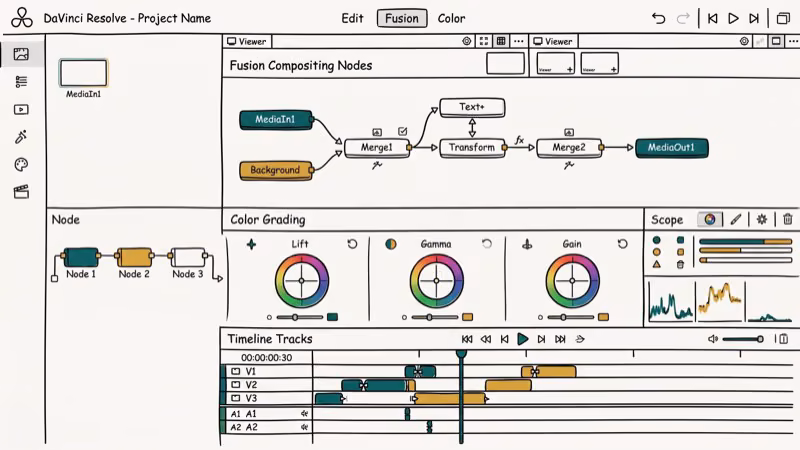 DaVinci Resolve Fusion interface showing compositing node graph with color grading and timeline tracks