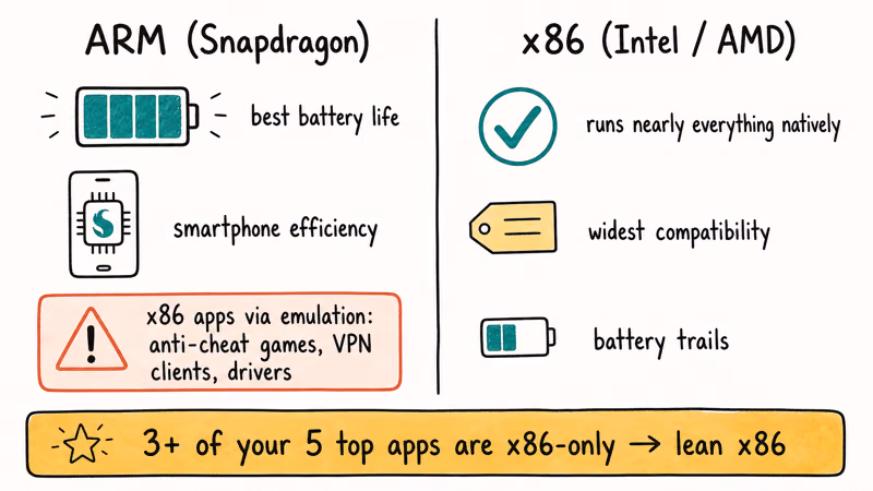 Side-by-side view of ARM Snapdragon battery life versus x86 Intel and AMD compatibility