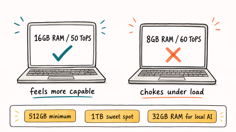 Two laptops compared showing 16GB RAM outperforming 8GB despite a lower TOPS rating