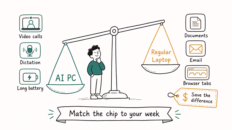 Shopper weighing video calls and dictation against documents and email to pick a laptop