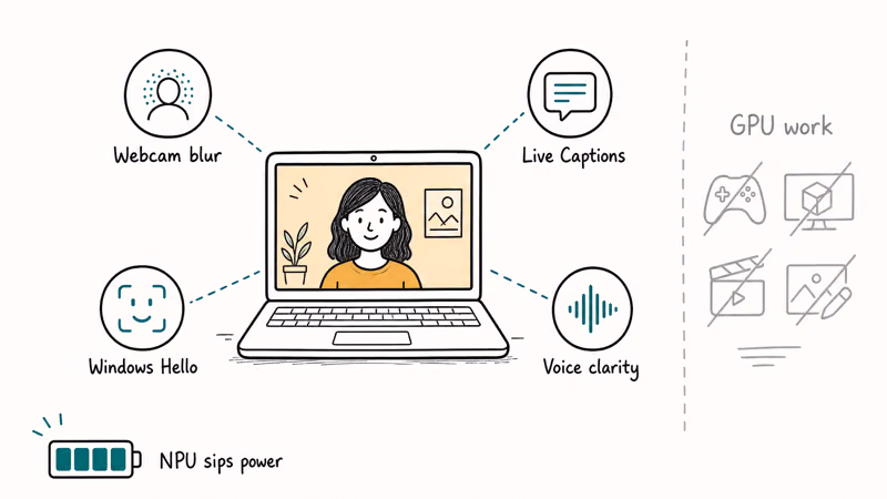 NPU quietly running webcam blur, Live Captions, and Windows Hello sign-in during a video call