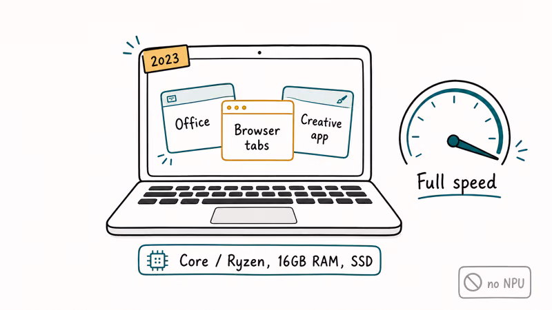 A 2023 laptop running Office, browser tabs, and creative apps at full everyday speed