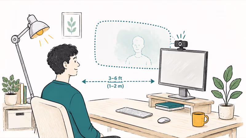Desk setup illustration showing good lighting, proper sitting distance, and the webcam tracking zone outline