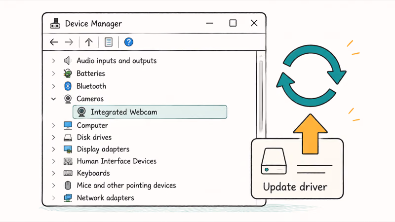Windows Device Manager showing the camera entry with a driver reinstall and update arrow highlighted