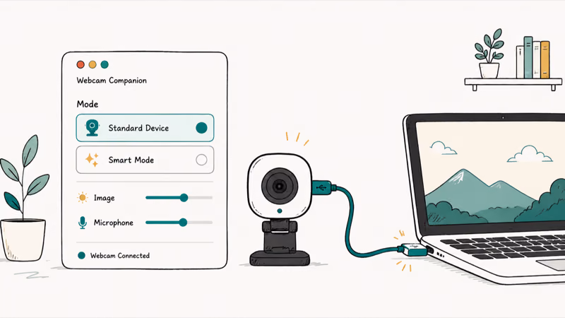 Webcam companion app showing a UVC mode toggle switched on so the camera works as a standard device