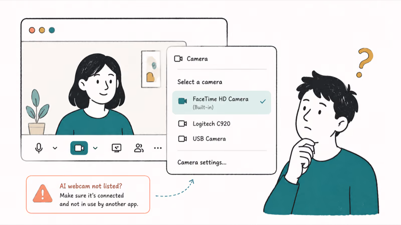 Video call app camera menu with the AI webcam missing from the device list and a question mark