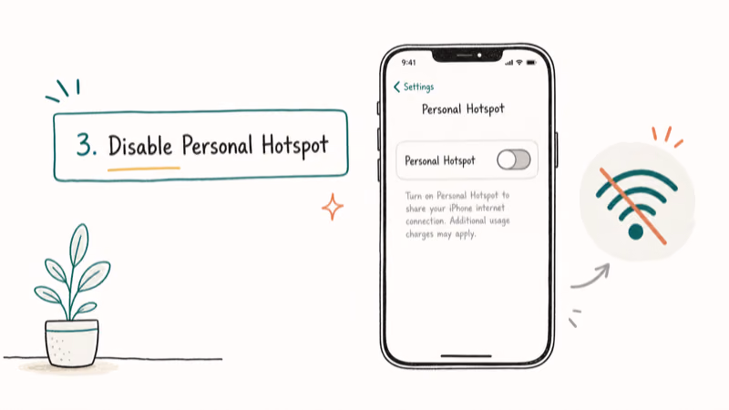 Hand-drawn illustration: 3. Disable Personal Hotspot