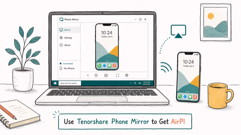 Hand-drawn illustration: Use Tenorshare Phone Mirror to Get AirPlay on Windows 10