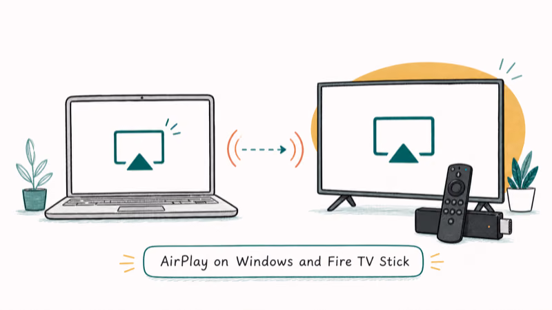 Hand-drawn illustration: AirPlay on Windows and Fire TV Stick
