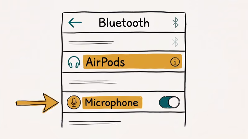 iPhone Bluetooth settings showing AirPods microphone configuration option to automatically switch earbuds