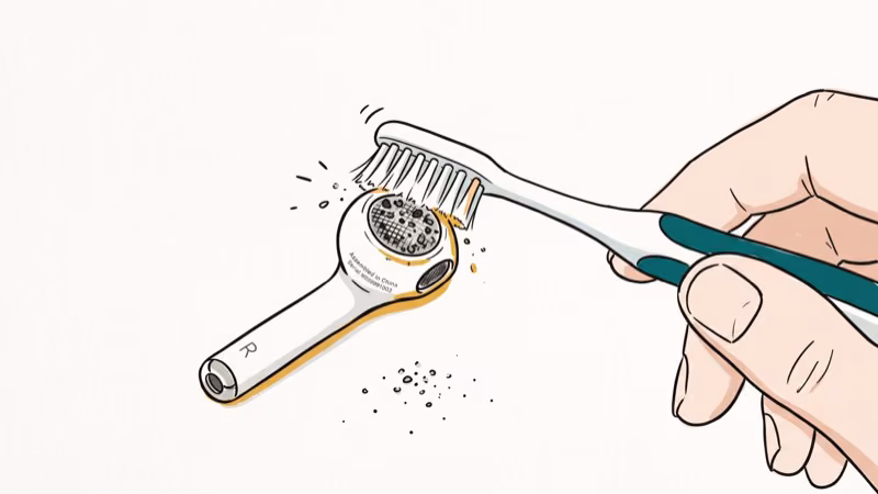 Cleaning AirPods microphone mesh with a dry toothbrush to remove debris from the stem grille