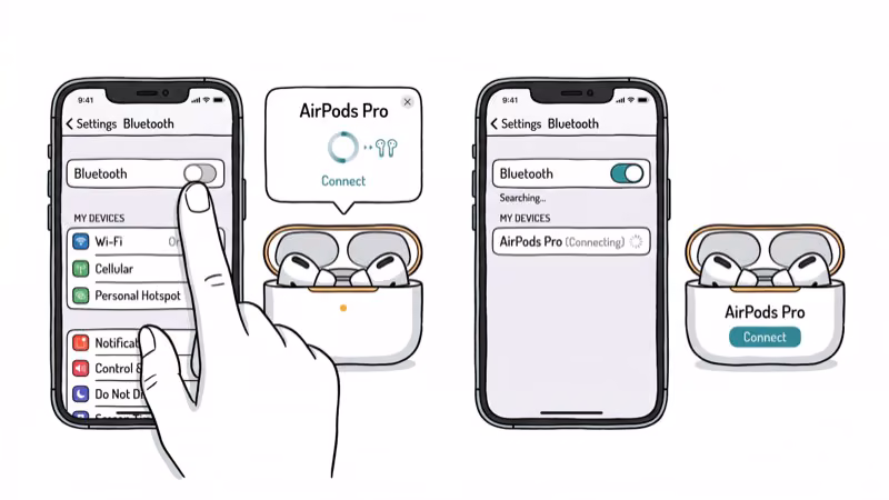iPhone Bluetooth Settings toggle being switched off and on with AirPods case nearby