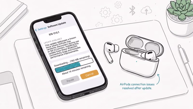 iPhone Software Update screen with download progress bar and AirPods nearby