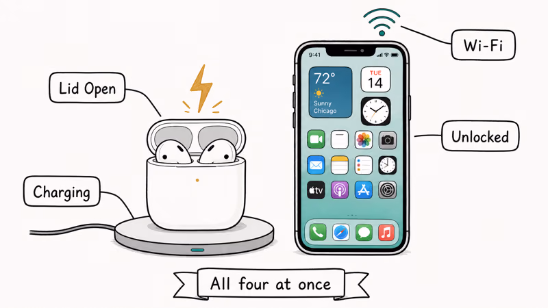 AirPods case charging with lid open beside an unlocked iPhone on Wi-Fi
