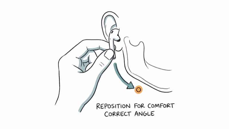 Hand holding AirPod by stem at correct angle pointing down along the jawline
