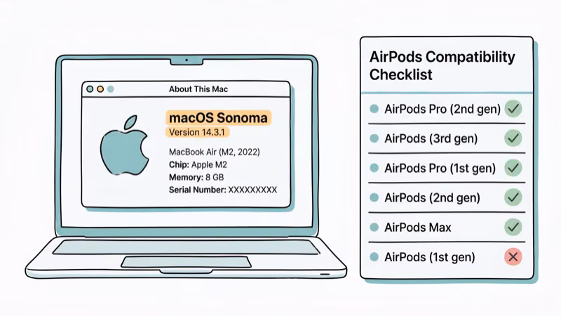 MacBook About This Mac dialog showing macOS version with AirPods compatibility list