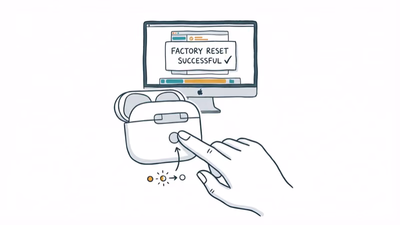 AirPods case open with finger pressing setup button and LED flashing amber then white