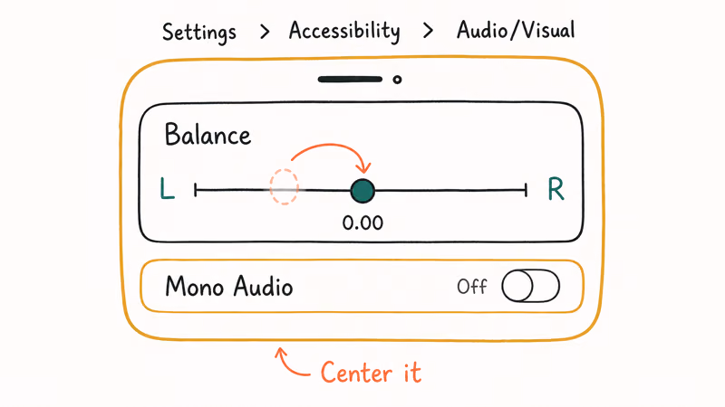 iPhone Accessibility Audio Visual screen showing the balance slider centered with Mono Audio off