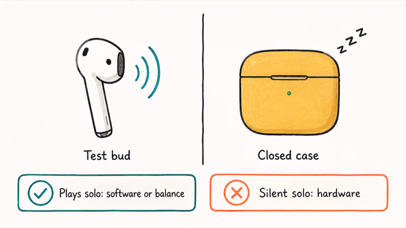 One AirPod playing audio alone while the other rests inside its closed charging case
