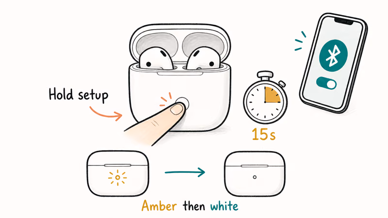 AirPods case setup button held fifteen seconds as the status light flashes amber then white