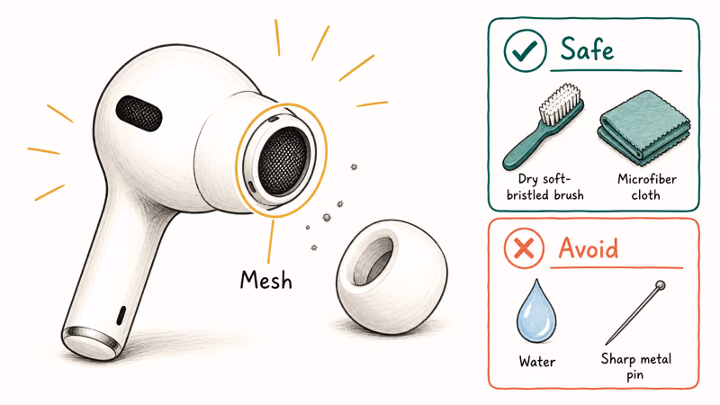 Soft dry brush cleaning debris from an AirPods Pro speaker mesh with safe and unsafe tools