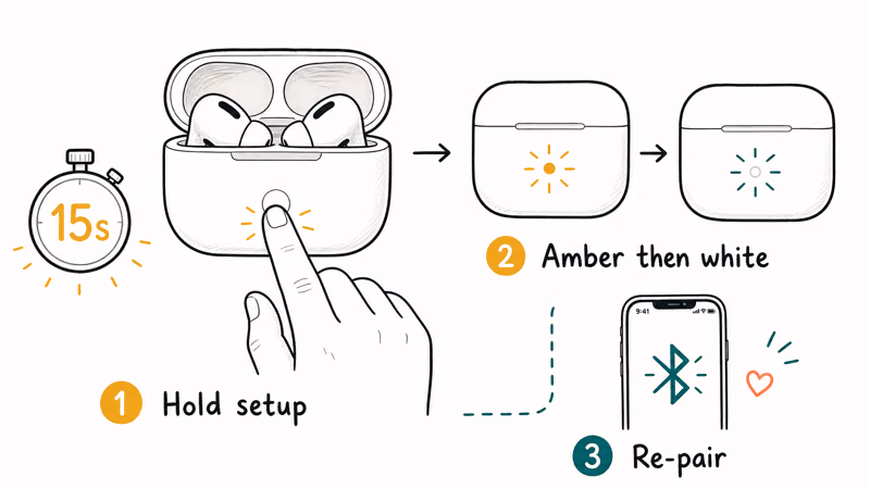 Open AirPods case with a finger holding the setup button during a reset