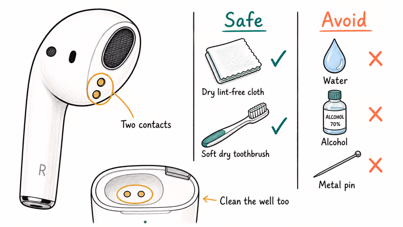 Close-up of an AirPod bud with two metal contacts circled and safe cleaning tools