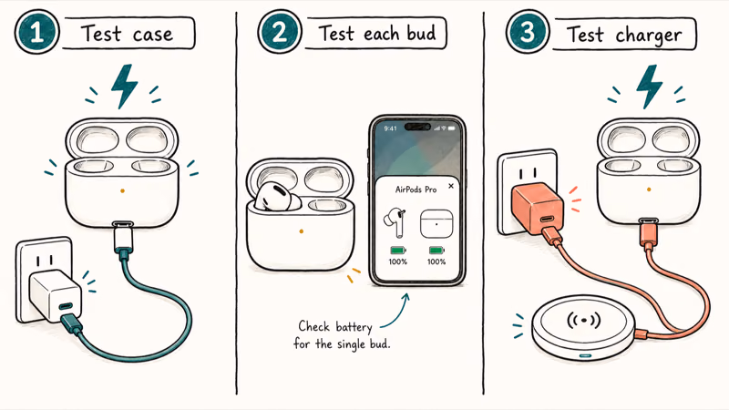 Three numbered panels testing the AirPods case, each bud, and the charger separately in order