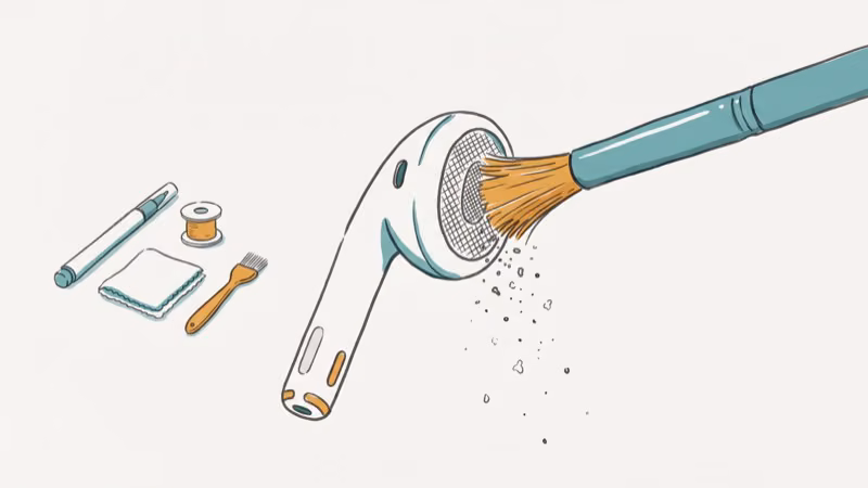 Soft brush cleaning AirPod speaker grille mesh with debris particles falling away