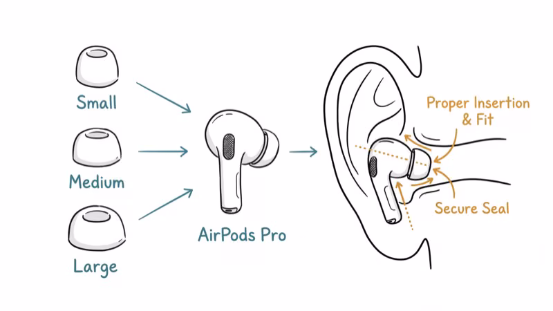 Three AirPods Pro ear tip sizes small medium large with proper insertion diagram