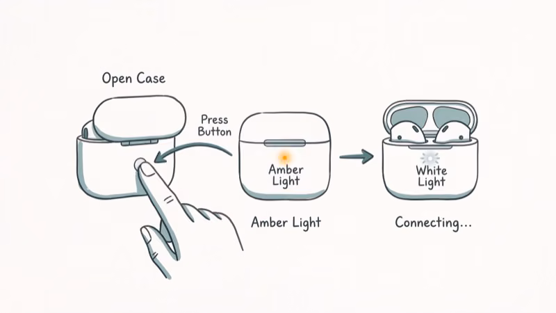 AirPods charging case with finger pressing setup button showing amber then white light