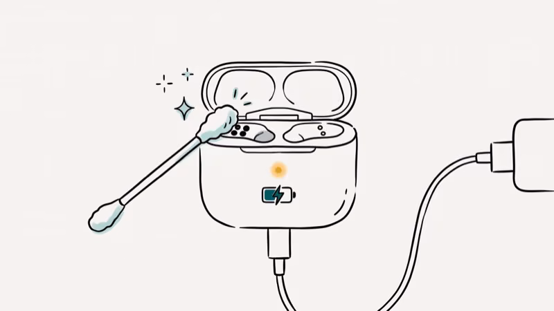 AirPods case connected to charging cable next to cotton swab cleaning the case contacts