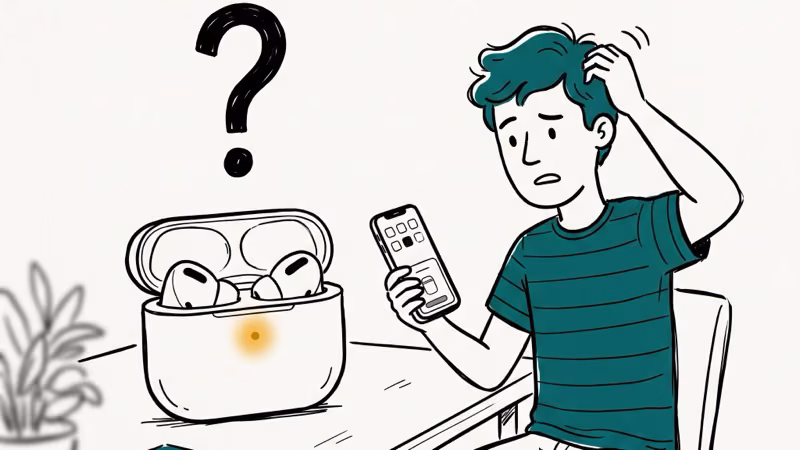 AirPods in open charging case with status light not flashing and confused user