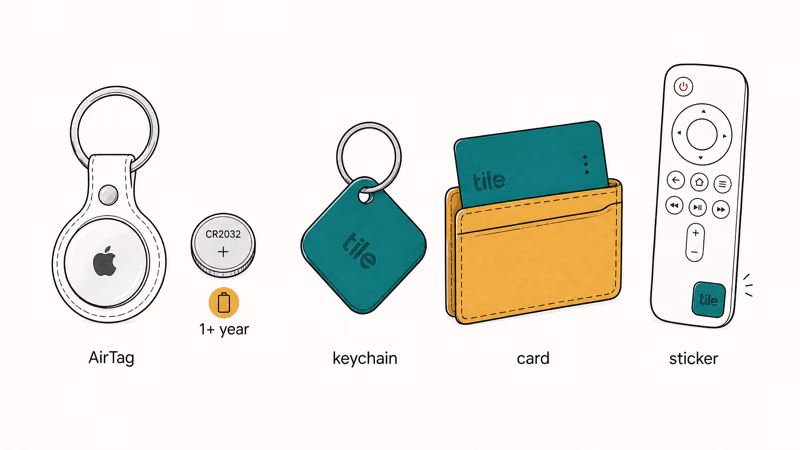 AirTag single coin shape beside Tile keychain, slim wallet card, and stick-on tracker shapes