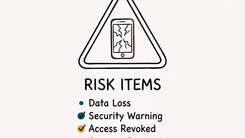 Warning triangle with cracked phone screen illustrating security risks of sideloading FRP bypass apps