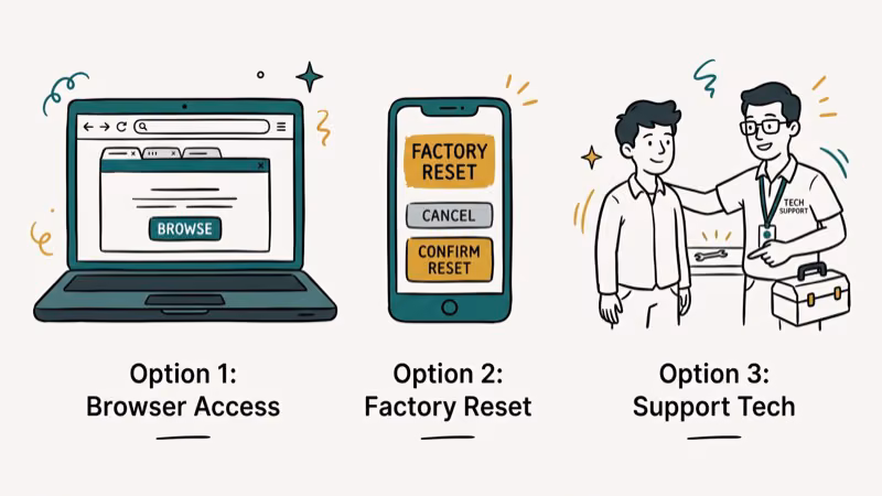 Three safer FRP unlock alternatives shown as browser, phone factory reset, and repair technician options